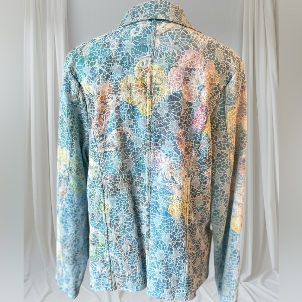 Kaktus Textured Pastel Peacock Jean Jacket Metal Buttons L Art to Wear Colorful - Picture 2 of 13